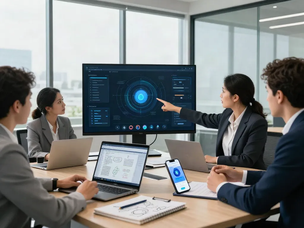Deepfake-protected meetings showcasing professionals in a virtual discussion with security analytics.