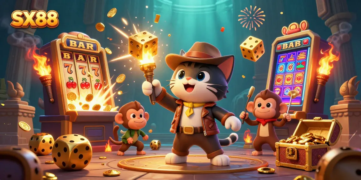 SX88 cat archaeologist discovers casino treasures with vibrant slot machine backdrop.