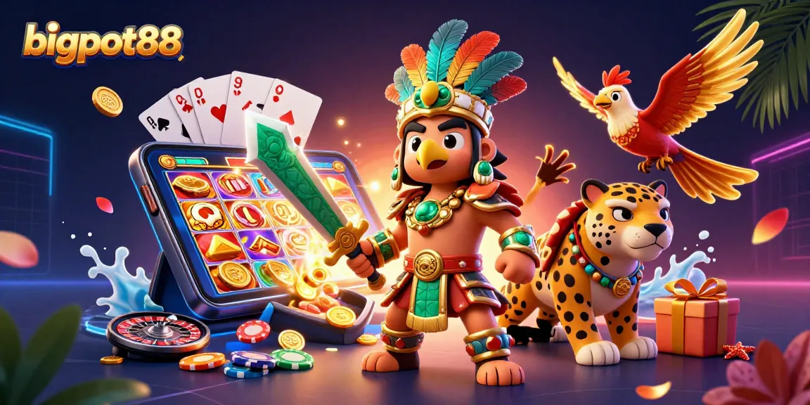 Spin the reels with bigpot88 at an exciting casino adventure featuring Aztec warriors and vibrant game elements.