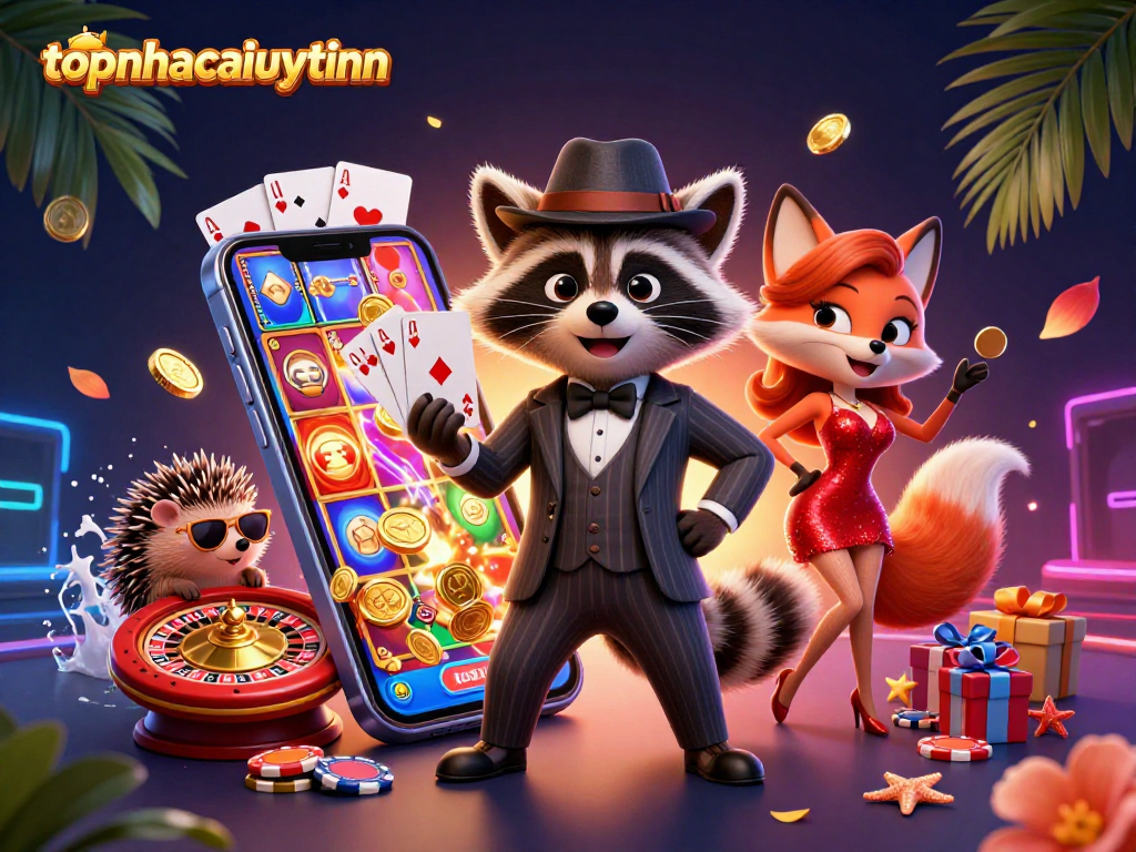 Win big with topnhacaiuytinn while enjoying a vibrant 3D casino adventure scene featuring casino characters and game elements.