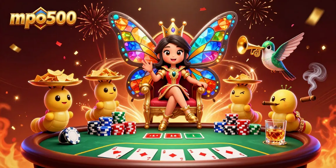 Experience mpo500's vibrant casino scene with a butterfly queen, poker chips, and festive effects.