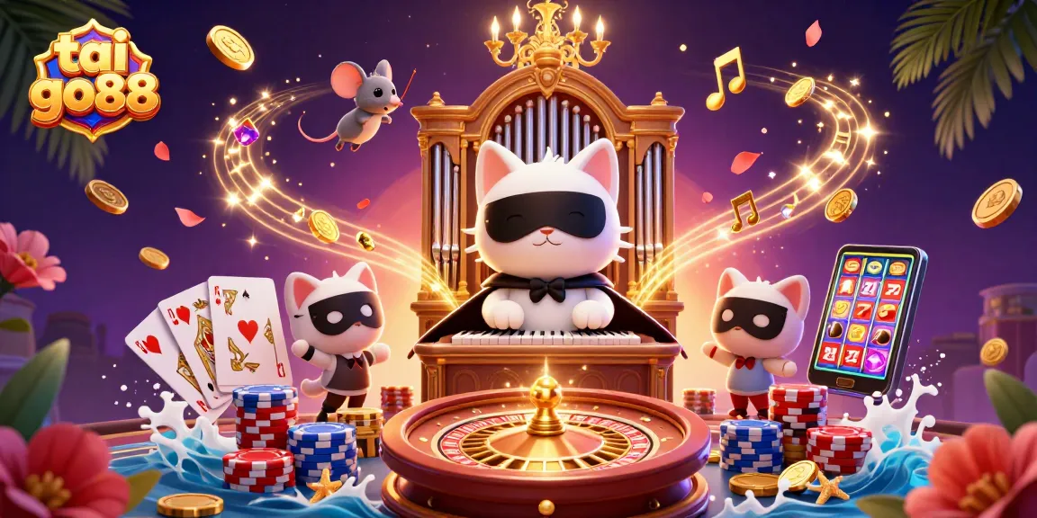 Experience tai go88 with thrilling games as golden coins and colorful chips cascade in a vibrant casino scene.