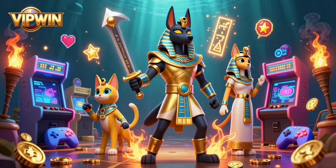 Play thrilling games at VIPWIN with Anubis and Bastet in an enchanting 3D casino scene.