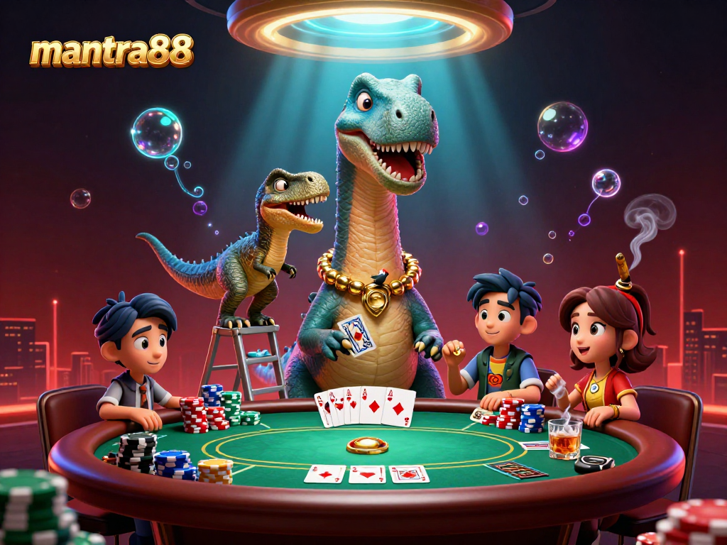 Experience thrilling poker action with mantra88, featuring a giant brontosaurus and clever raptor dealer.