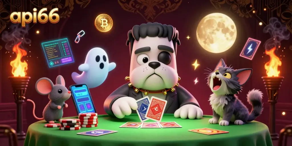Engage with api66 at a vibrant casino scene featuring a Frankenstein bulldog dealer and NFT elements.