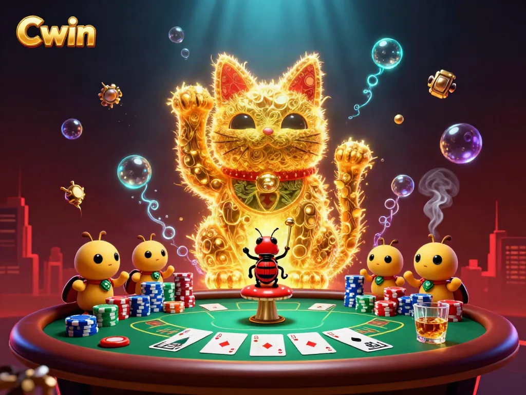 Cwin showcases a giant lucky cat formed by golden fireflies, surrounded by vibrant casino symbols and poker elements.