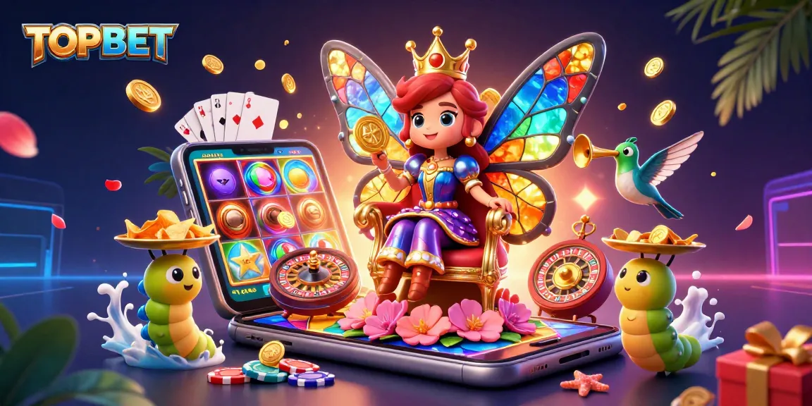 Experience thrilling gaming at TOPBET with vibrant casino characters and a dynamic atmosphere.