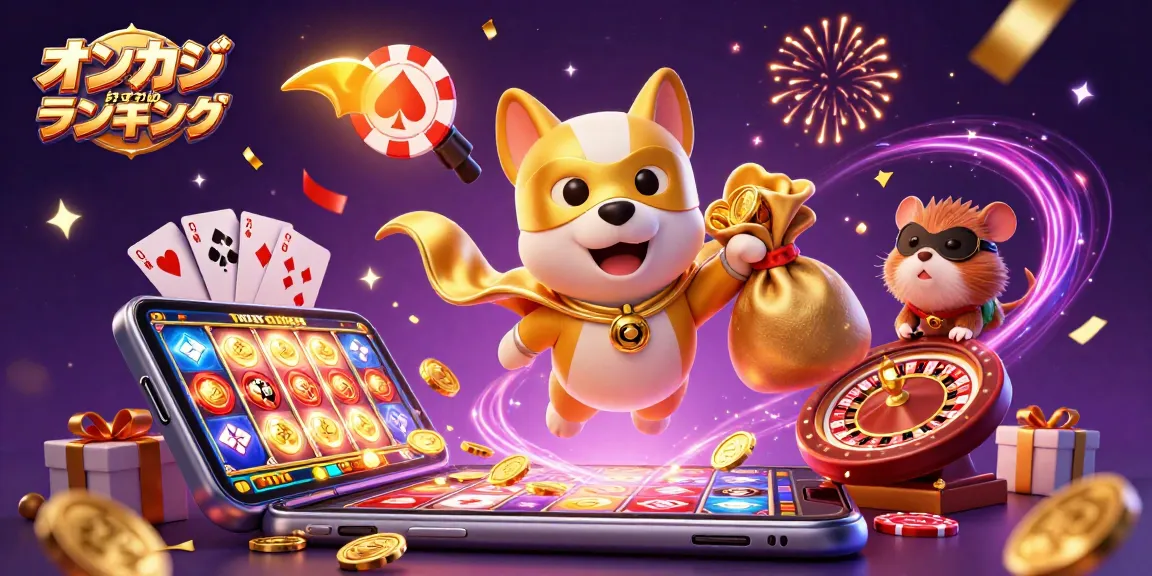 オンカジ おすすめ ランキングでスロットゲームを楽しむヒーロー犬とハムスターのイラスト