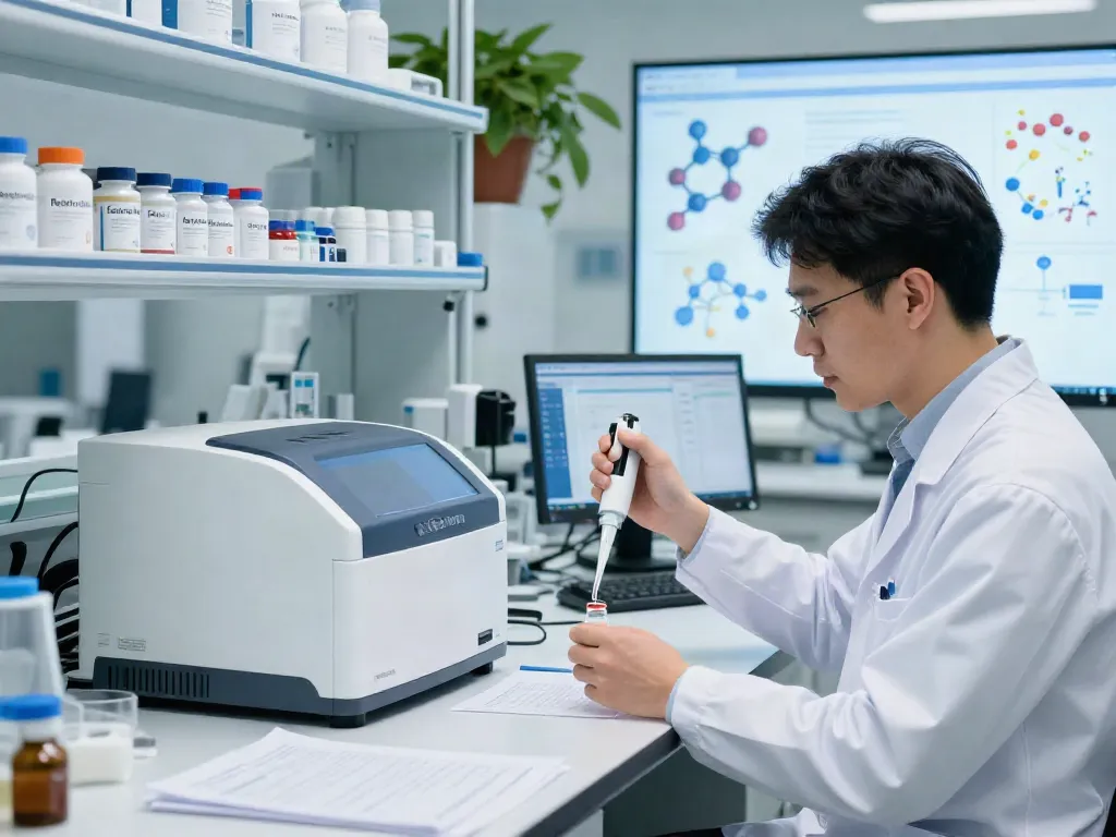 Researcher analyzing Retatrutide 30mg peptide vials in a modern lab setting for effective weight loss solutions.