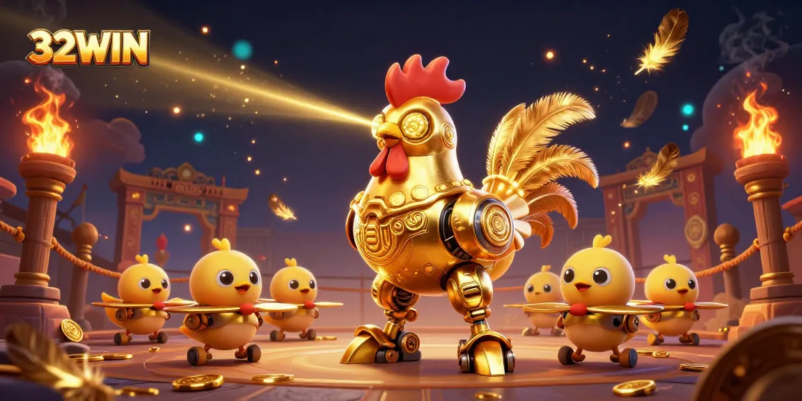 Engage in thrilling gaming with 32WIN's lively betting scene led by a golden rooster robot.
