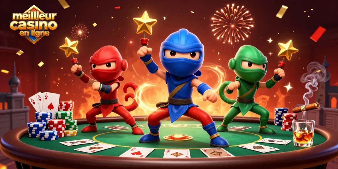 Jouez au meilleur casino en ligne avec des chameaux ninjas en action entourés de jetons et cartes de poker.