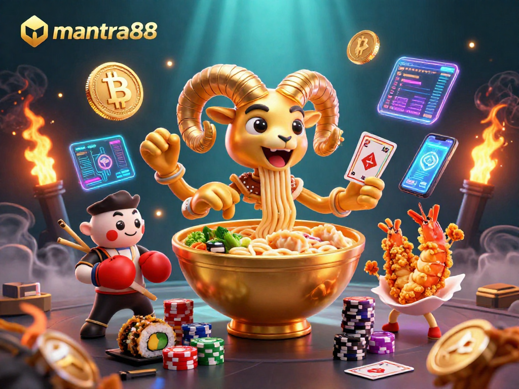 Experience mantra88’s vibrant casino energy with a golden ramen bowl dealer and sushi companions