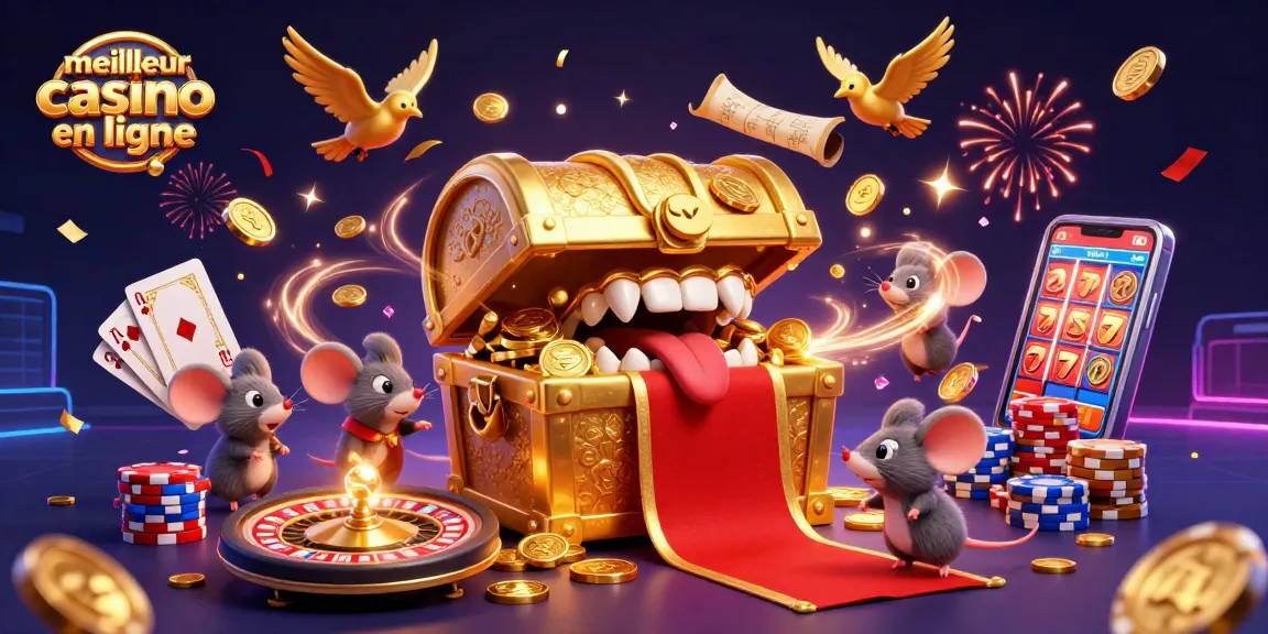Illustration dynamique d'un meilleur casino en ligne, avec des souris aventurières et un coffre au trésor.