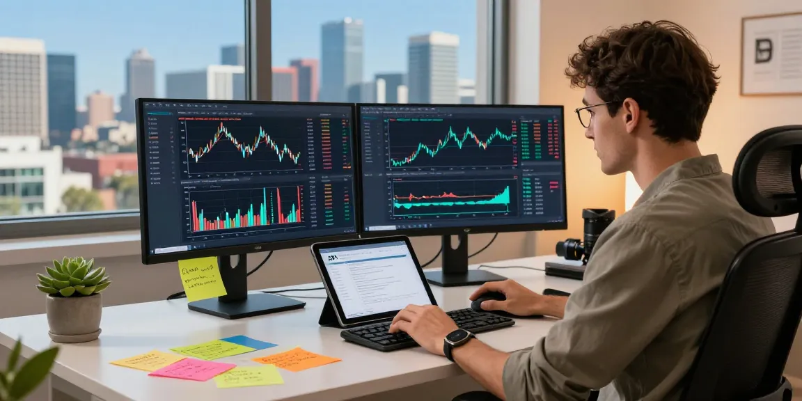 Real-time market quote API displayed on developer's dual monitors in a modern fintech workspace.