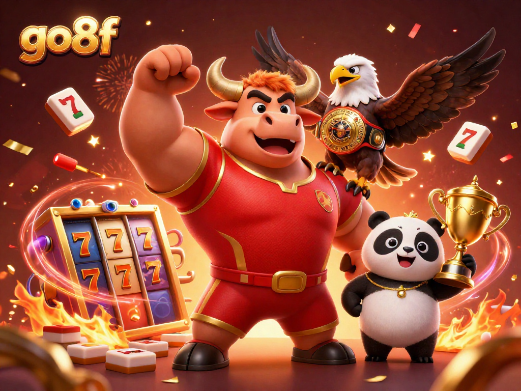 The cheerful panda and bull mascot celebrate wins at go8f casino with vibrant slot elements and festive fireworks.