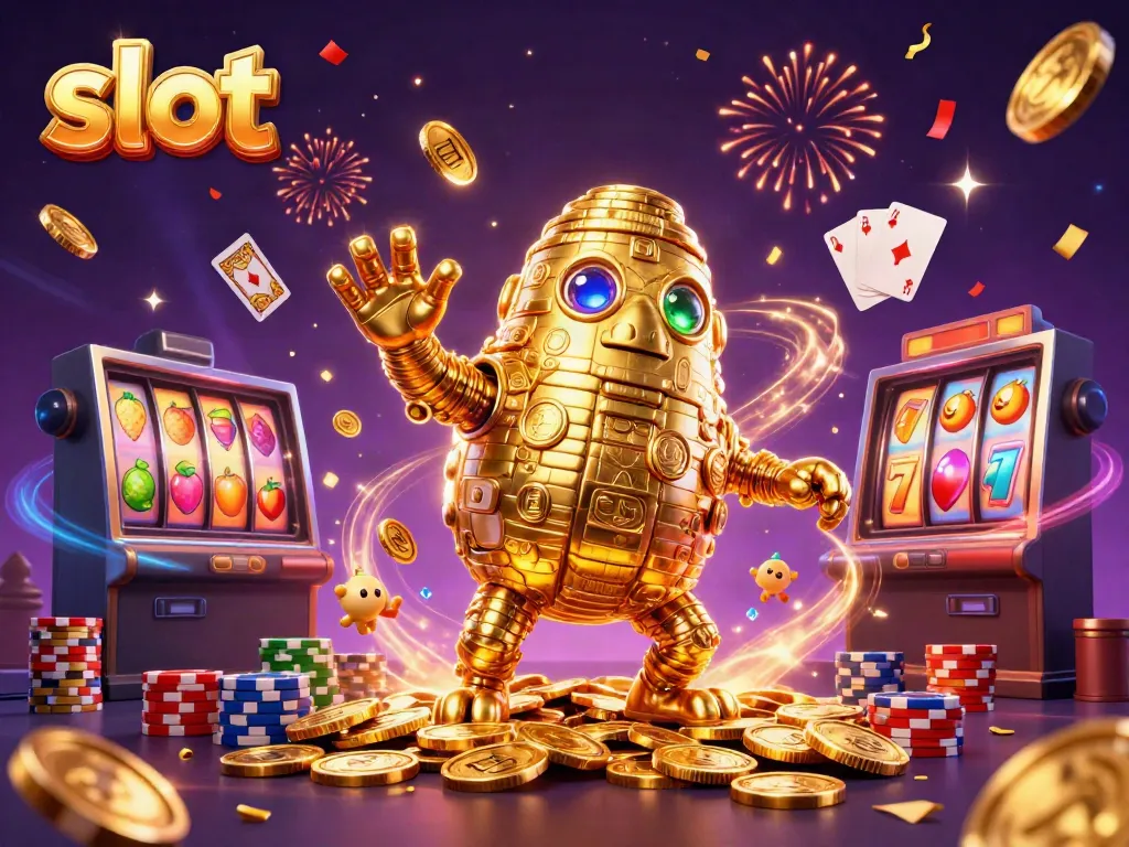 Menyaksikan slot dengan simbol buah, koin emas berhamburan, dan karakter golem di latar belakang perayaan