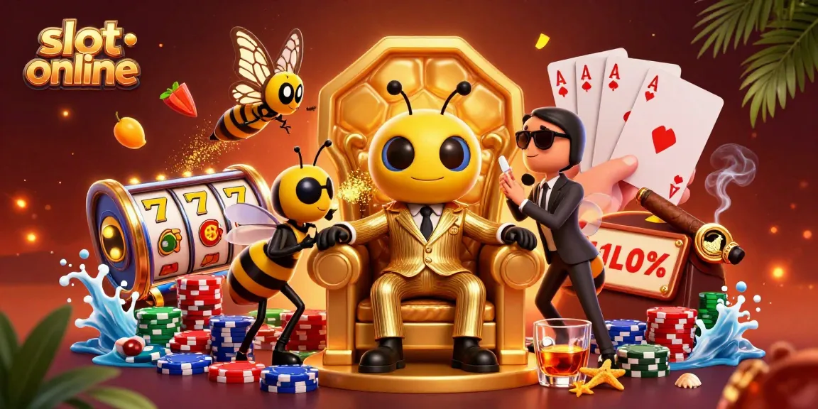 Engage in thrilling slot online action with a vibrant bumblebee mob boss in a colorful casino.