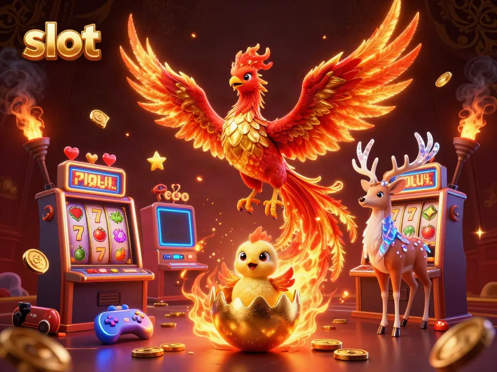 Permainan slot dengan simbol buah dan jackpot, ditampilkan oleh phoenix yang megah.