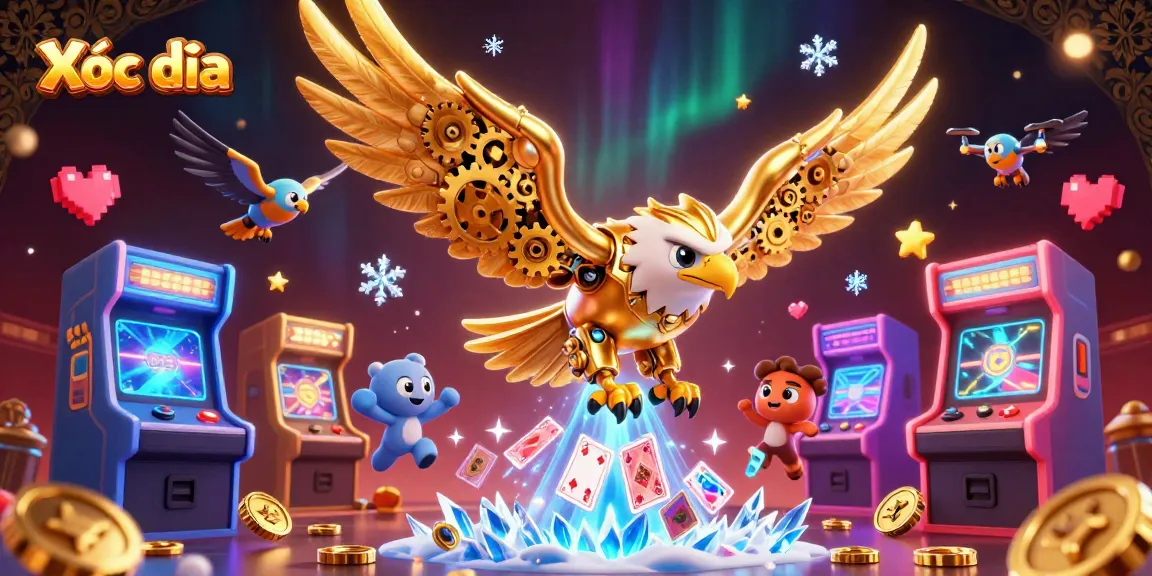 Xóc đĩa gaming scene with a golden eagle and holographic cards in a vibrant casino atmosphere