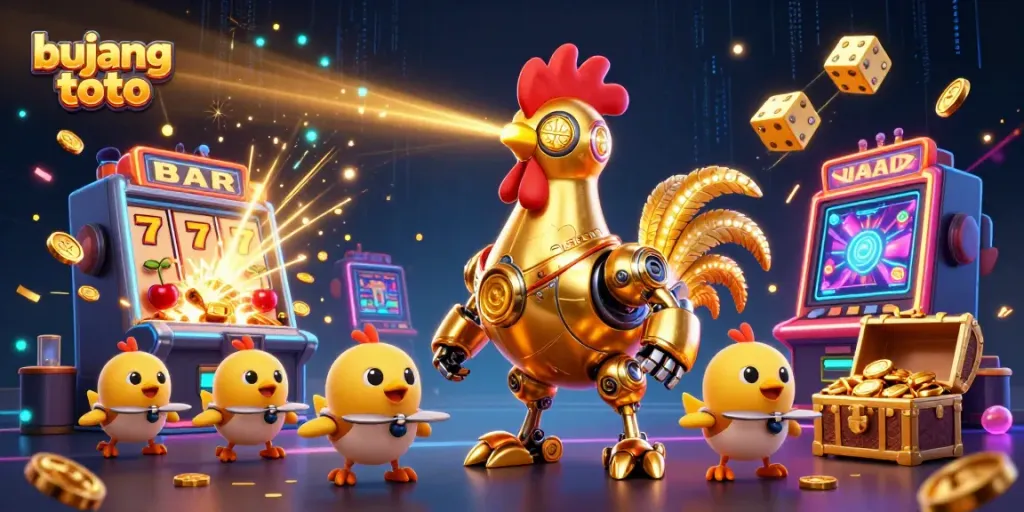 Engage with bujang toto in this vibrant casino-themed scene featuring a golden robot, slot machines, and colorful game elements.