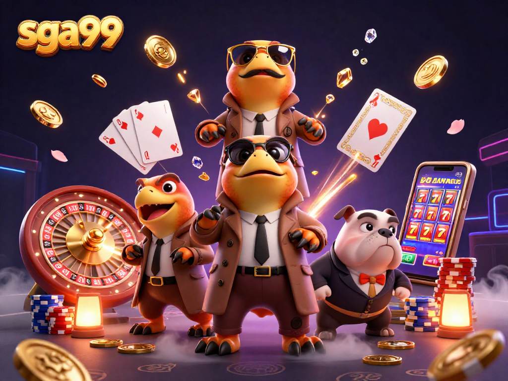 Experience the thrill of the SGA99 VIP lounge with raptors and a bulldog bouncer amid casino excitement!