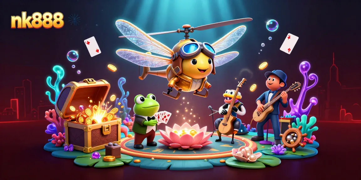 Experience thrilling gameplay at nk888 with an exciting 3D casino illustration showcasing a dragonfly pilot and frog dealer.