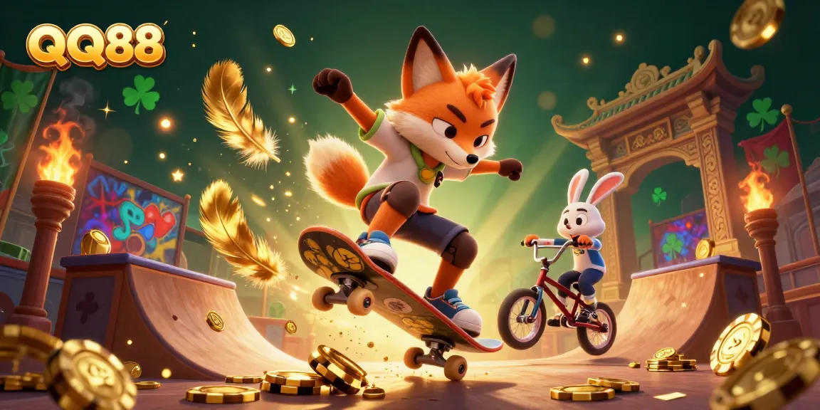 Experience thrilling QQ88 gameplay with a dynamic scene featuring a skateboarder fox and BMX rabbit in a casino.