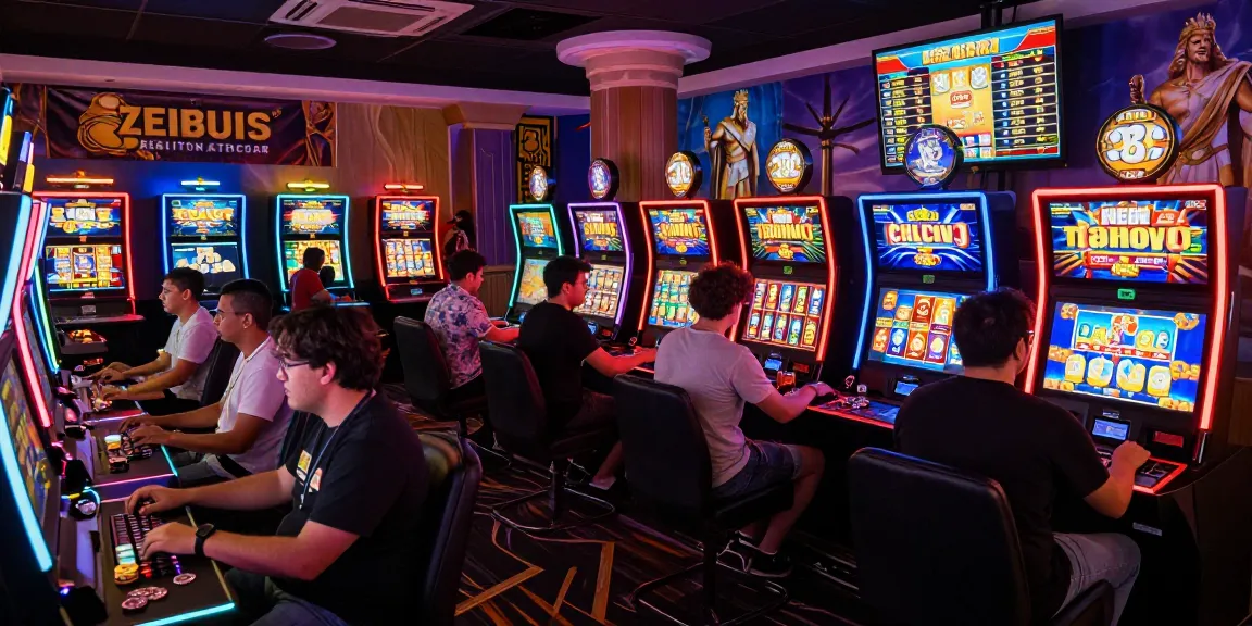 Players enjoying slot zeus games in an electrifying gaming environment filled with Greek mythology decor and vibrant lights.