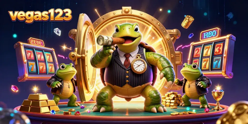 Vegas123 menghadirkan suasana kasino yang menyenangkan dengan penyu kartun dan kaki katak.