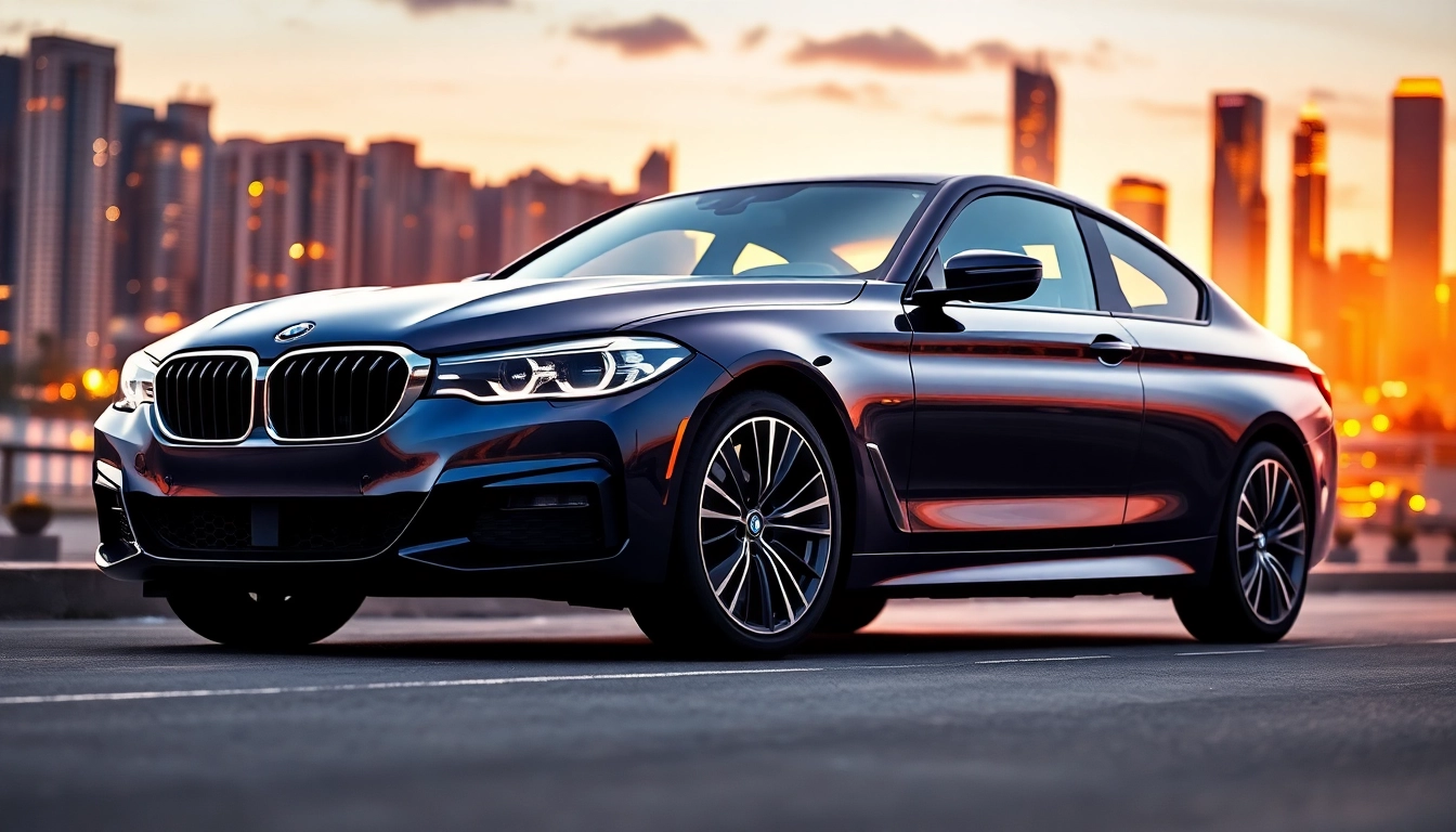 Showcasing a luxury BMW car in a scenic urban setting highlighting its premium features.