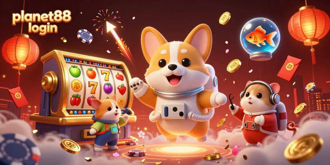 Join the fun with planet88 login in a vibrant space casino scene featuring animated characters and slot game elements.
