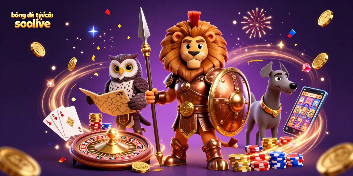 Experience bóng đá trực tuyến socolive with a dynamic scene of vibrant characters and casino elements.