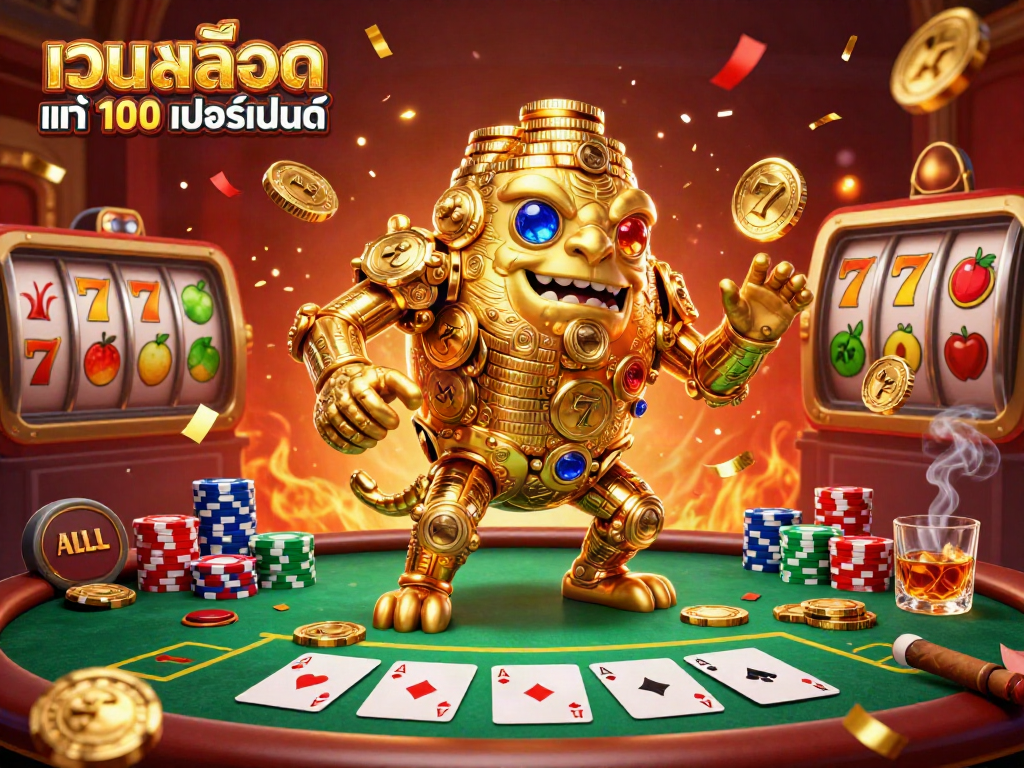 Engage with เว็บสล็อต แท้ 100 เปอร์เซ็นต์ in a vibrant casino scene featuring a golden golem and dynamic game elements.