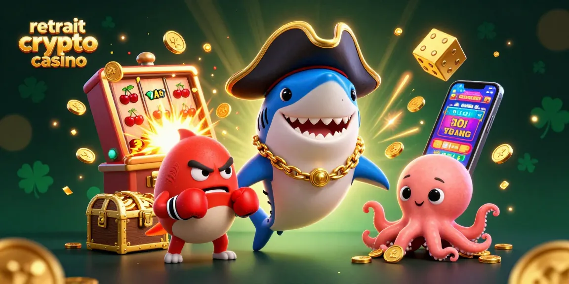 Retrait crypto casino : illustration dynamique d'un requin pirate et un poisson-globe dans un jackpot de machines à sous