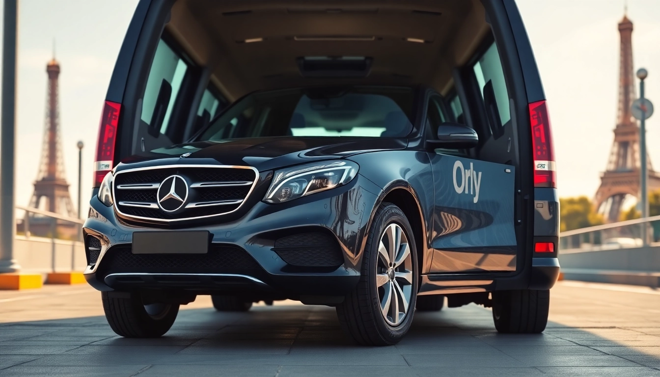 Experience the ease of Orly Airport to Paris Transfer with a professional vehicle against iconic landmarks.