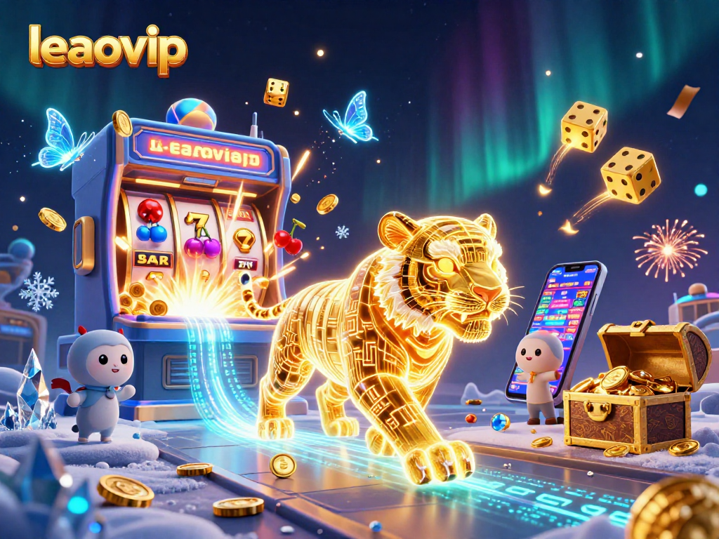Experience the fascinating leaovip casino world with a neon golden tiger and vibrant games.