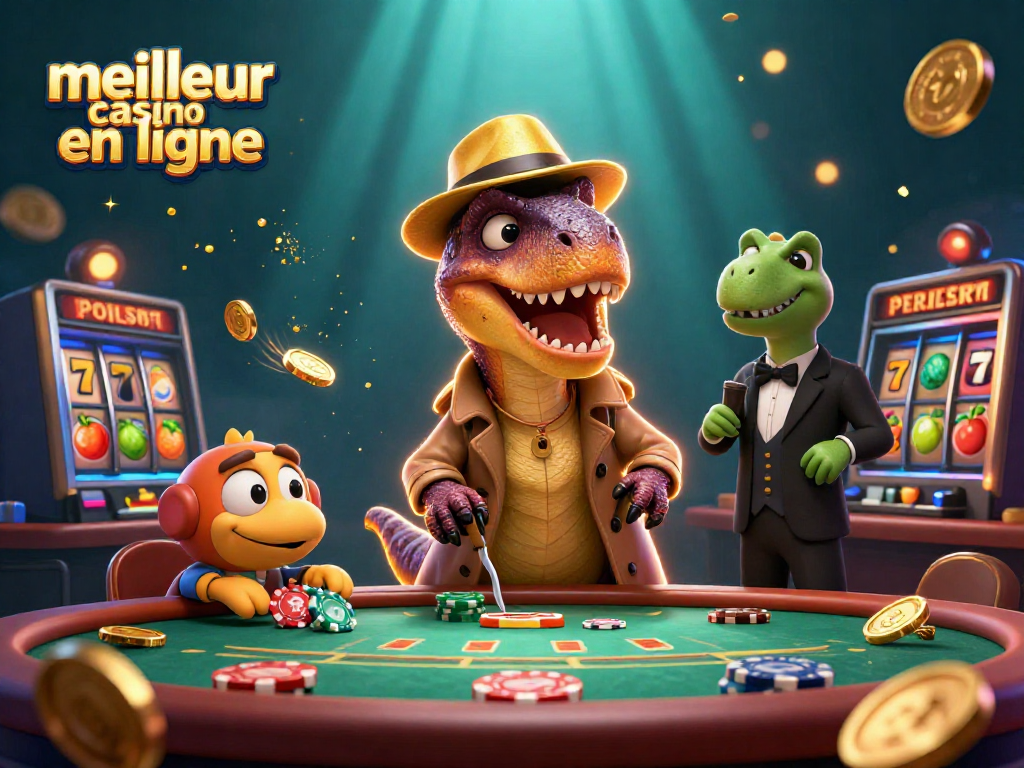 Visuel dynamique illustrant le meilleur casino en ligne avec un vélociraptor jouant aux machines à sous entouré de personnages animés.