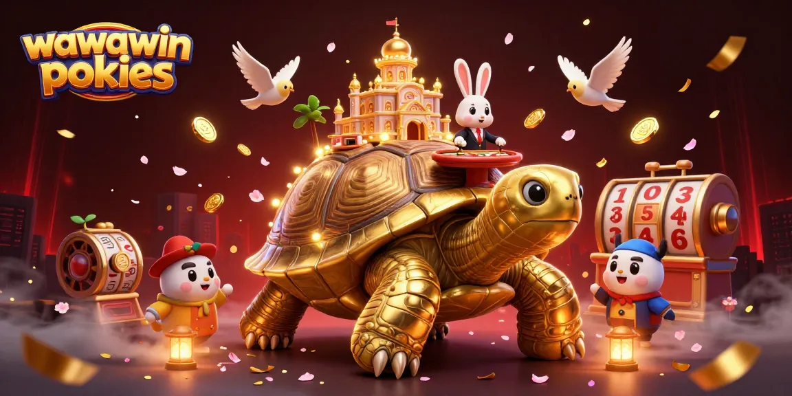 Experience wawawin pokies with a giant golden tortoise casino and energetic game symbols.