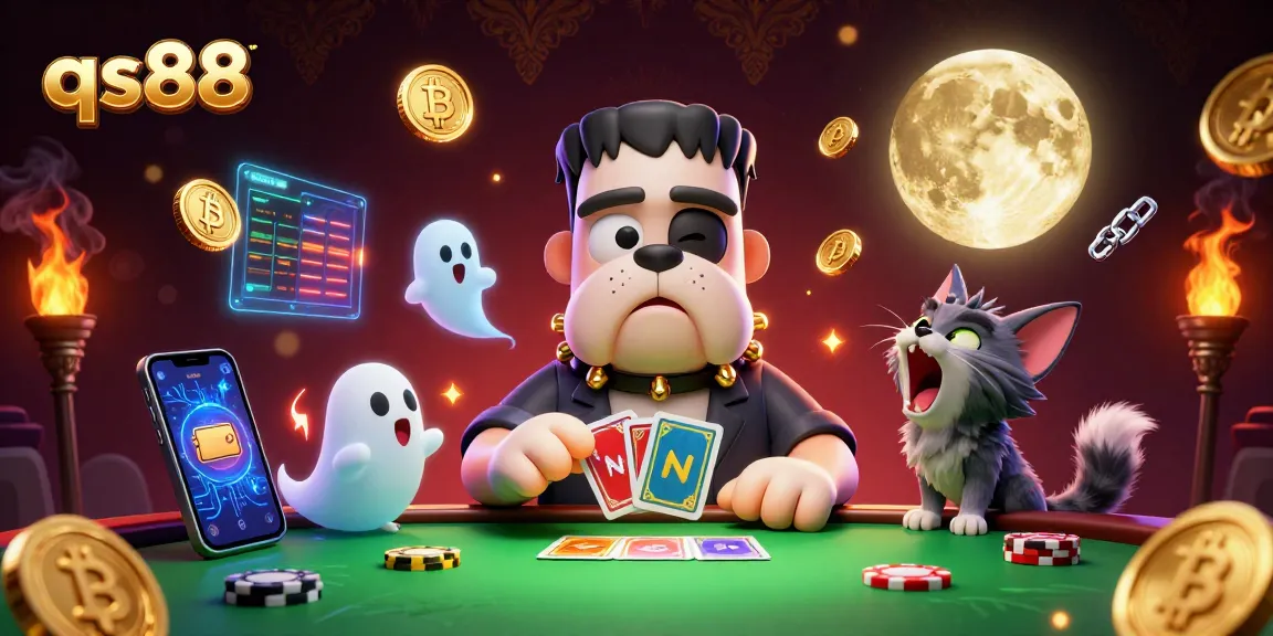 Experience thrilling qs88 gaming with a 3D illustration featuring a Frankenstein bulldog dealer and magical elements.