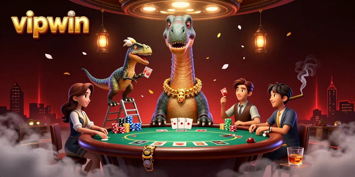 Experience dynamic poker action at vipwin as a brontosaurus oversees gameplay amid vibrant casino elements.