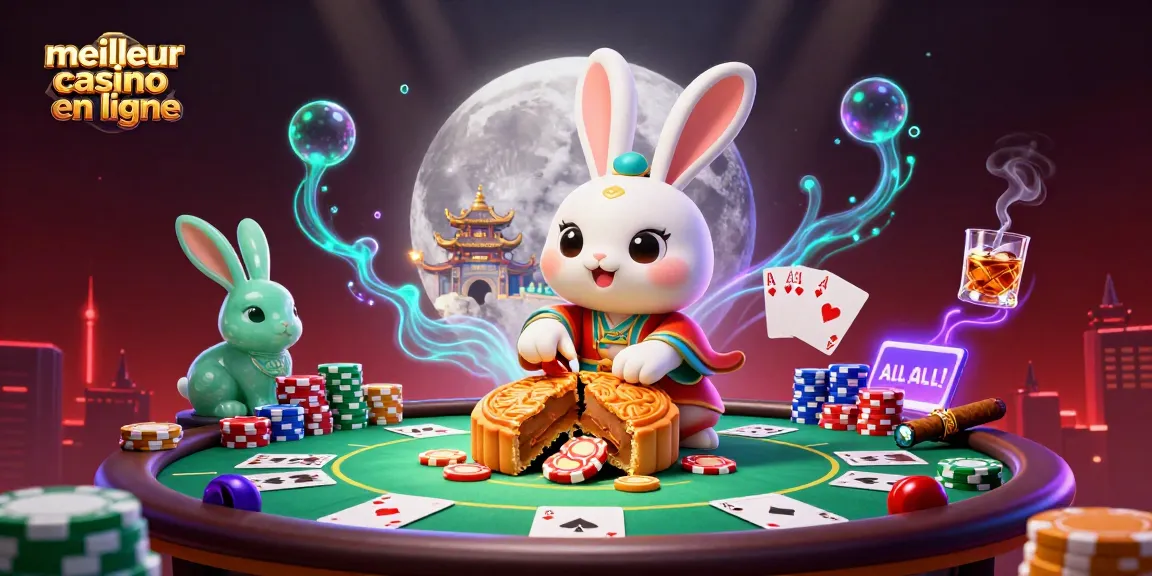 Illustration de la meilleure casino en ligne avec un lapin de lune et des jetons de poker.