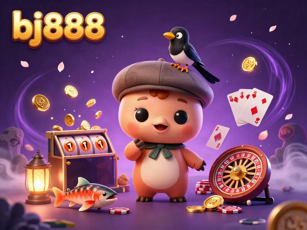 Engage with the vibrant bj888 3D cartoon illustration showcasing a playful Loch Ness monster and slot game elements.