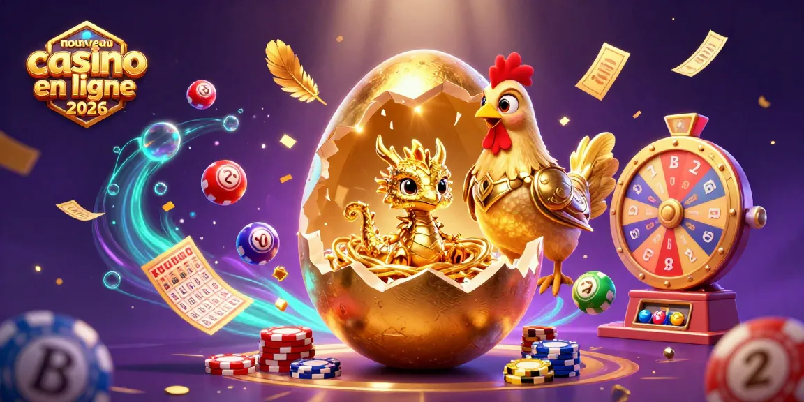 Promotion de nouveau casino en ligne 2026 avec un dragon doré et des éléments de loterie.