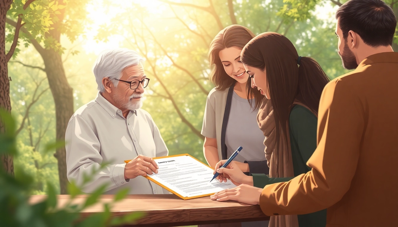 Signing an Enduring Guardian document in a warm, inviting outdoor setting with diverse individuals.