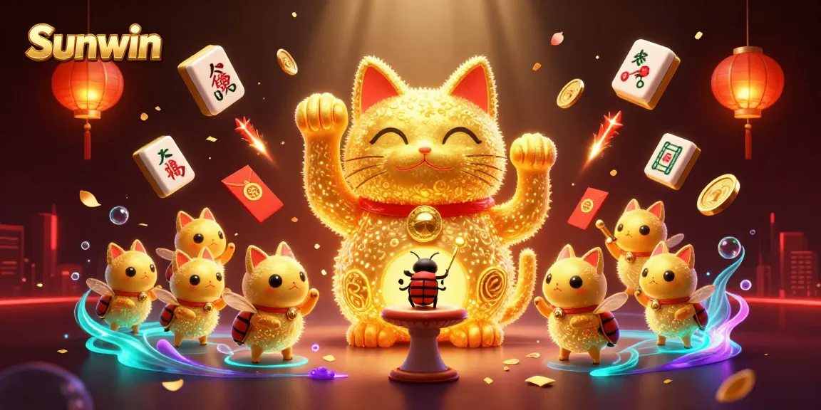 Experience the excitement of Sunwin with a lucky cat design and vibrant casino elements.