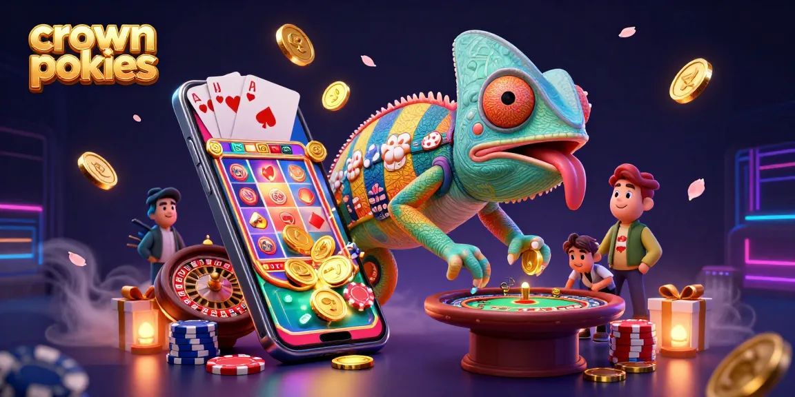 Crown pokies interactive scene depicting a vibrant casino atmosphere with a chameleon owner and slot games.