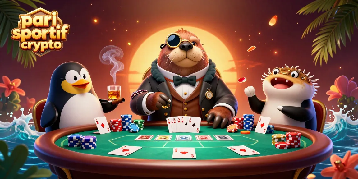 Jouer à pari sportif crypto avec des personnages amusants lors d'une partie de poker sous-marine.