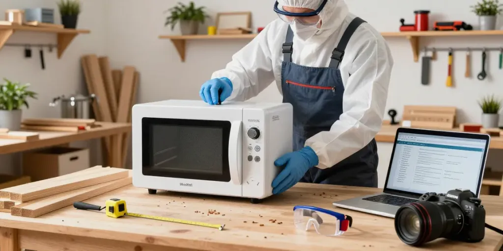 Using SHASHEL® microwave device for effective woodworm elimination in a home workshop.
