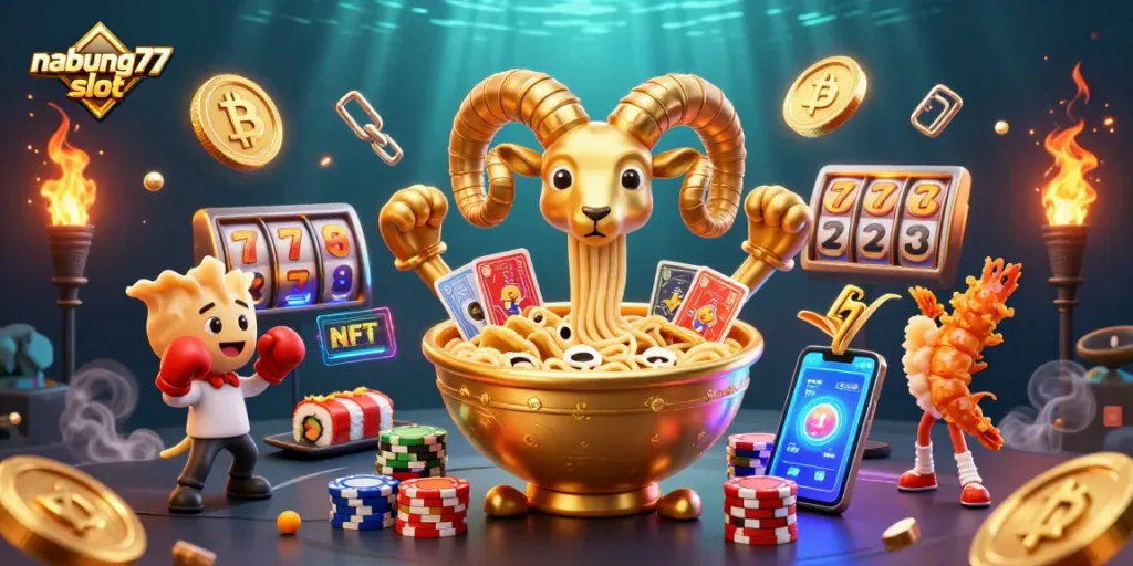 Engage with nabung77 slot gameplay featuring a vibrant scene of characters and crypto elements.