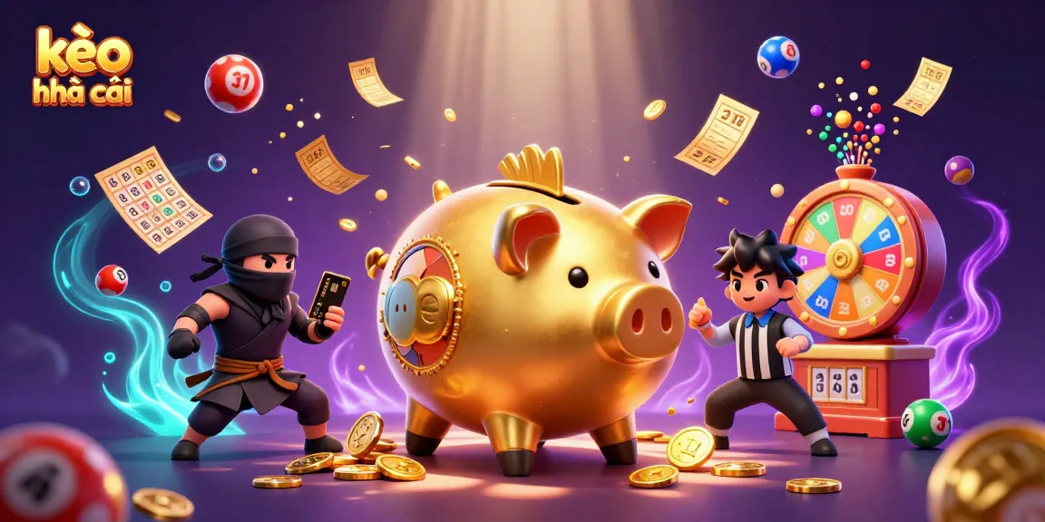 Engage in the exciting world of kèo nhà cái with a vibrant scene featuring a golden piggy bank sumo wrestler, colorful lottery balls, and dynamic betting elements.
